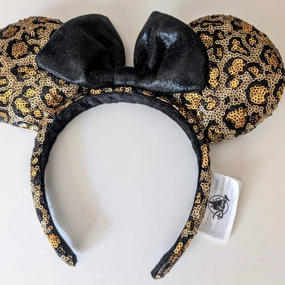Disney Leopard Print Minnie Mouse Ears Headband With Black Lame Bow - Picture 2 of 7